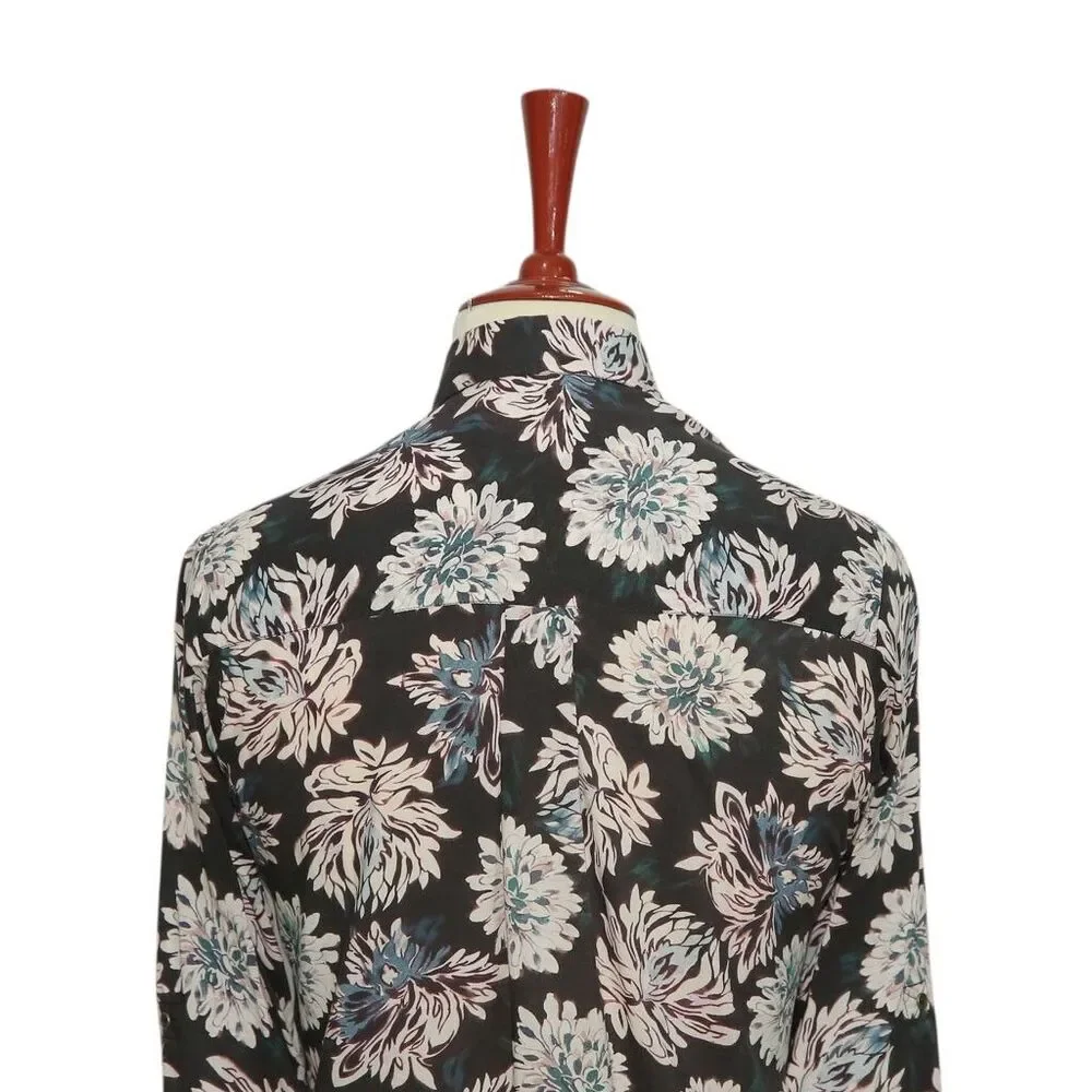 Womens Floral Shirt Black Pink Blue Blouse Button Up Dressy Top Medium Work - Picture 6 of 7